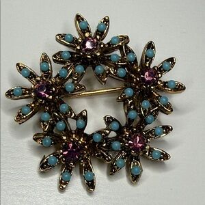 Vintage sparkle Floral Brooch Turquoise Purple color Accents starburst wreath